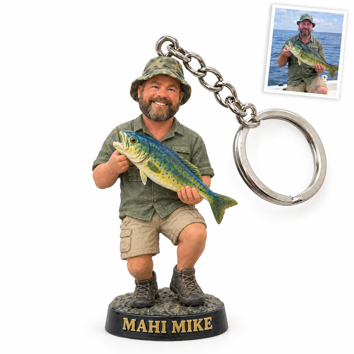 Figurine keychain of angler in bucket hat with mahi-mahi