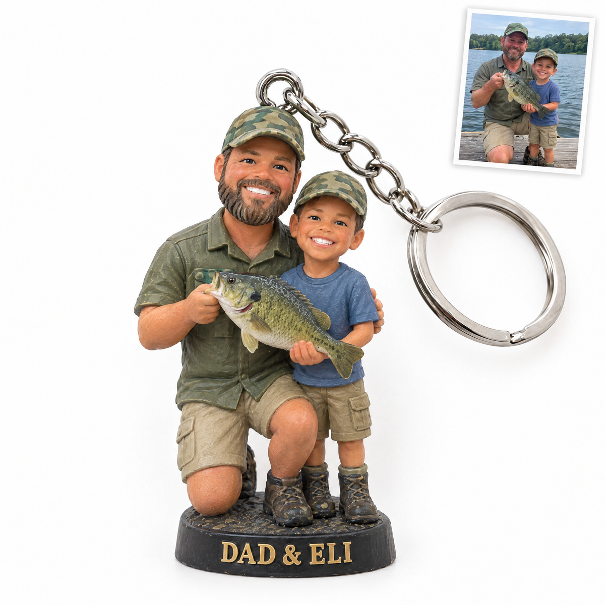 Figurine keychain of dad and son with bluegill