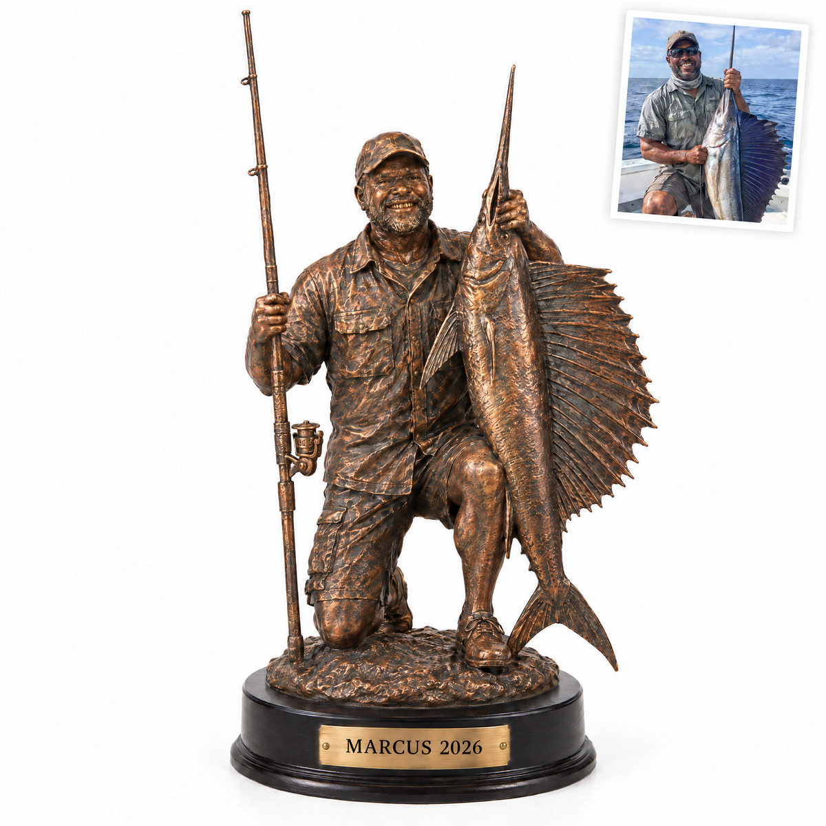 Copper statue of angler kneeling with sailfish, MARCUS 2026 plate