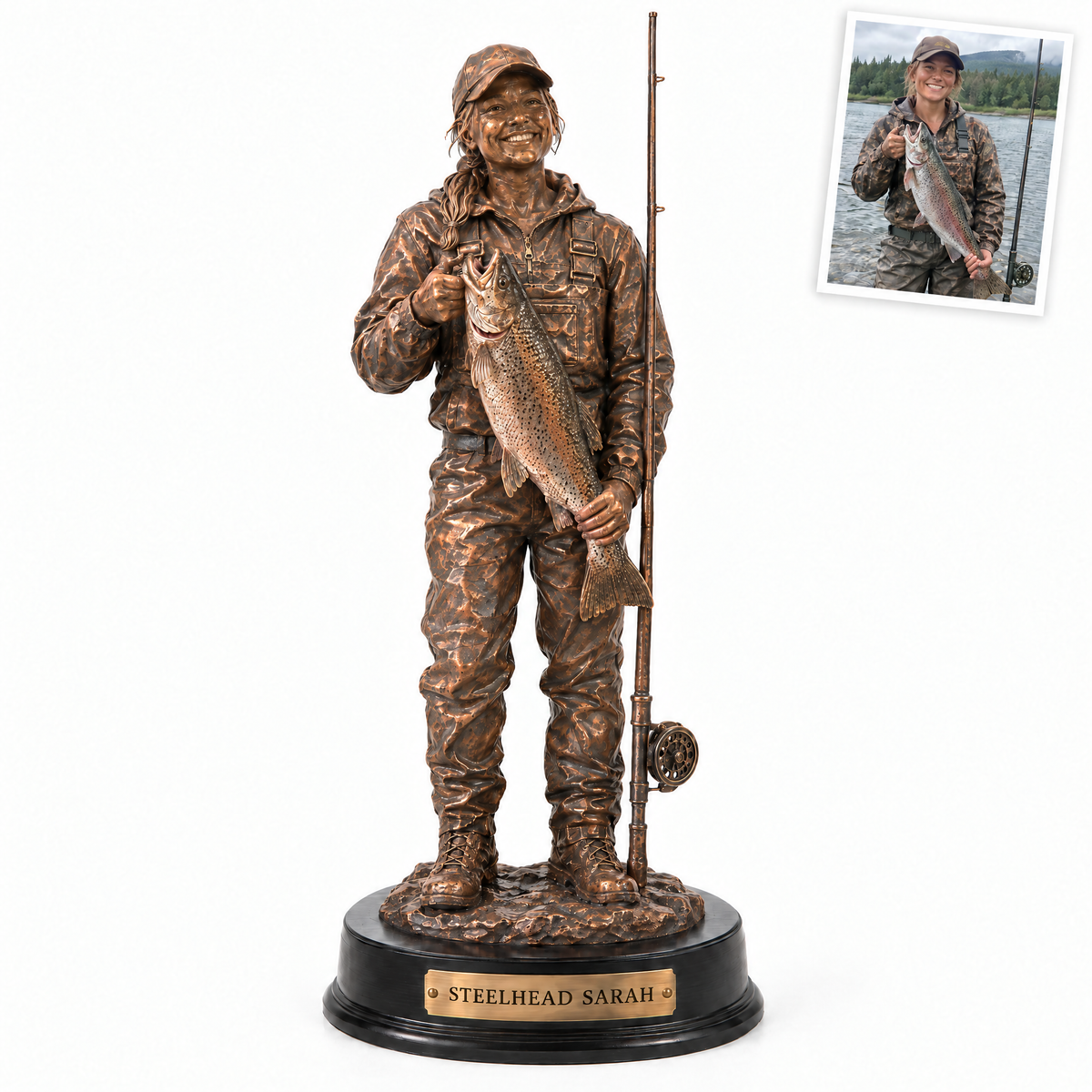 Copper statue of woman angler with steelhead, STEELHEAD SARAH plate
