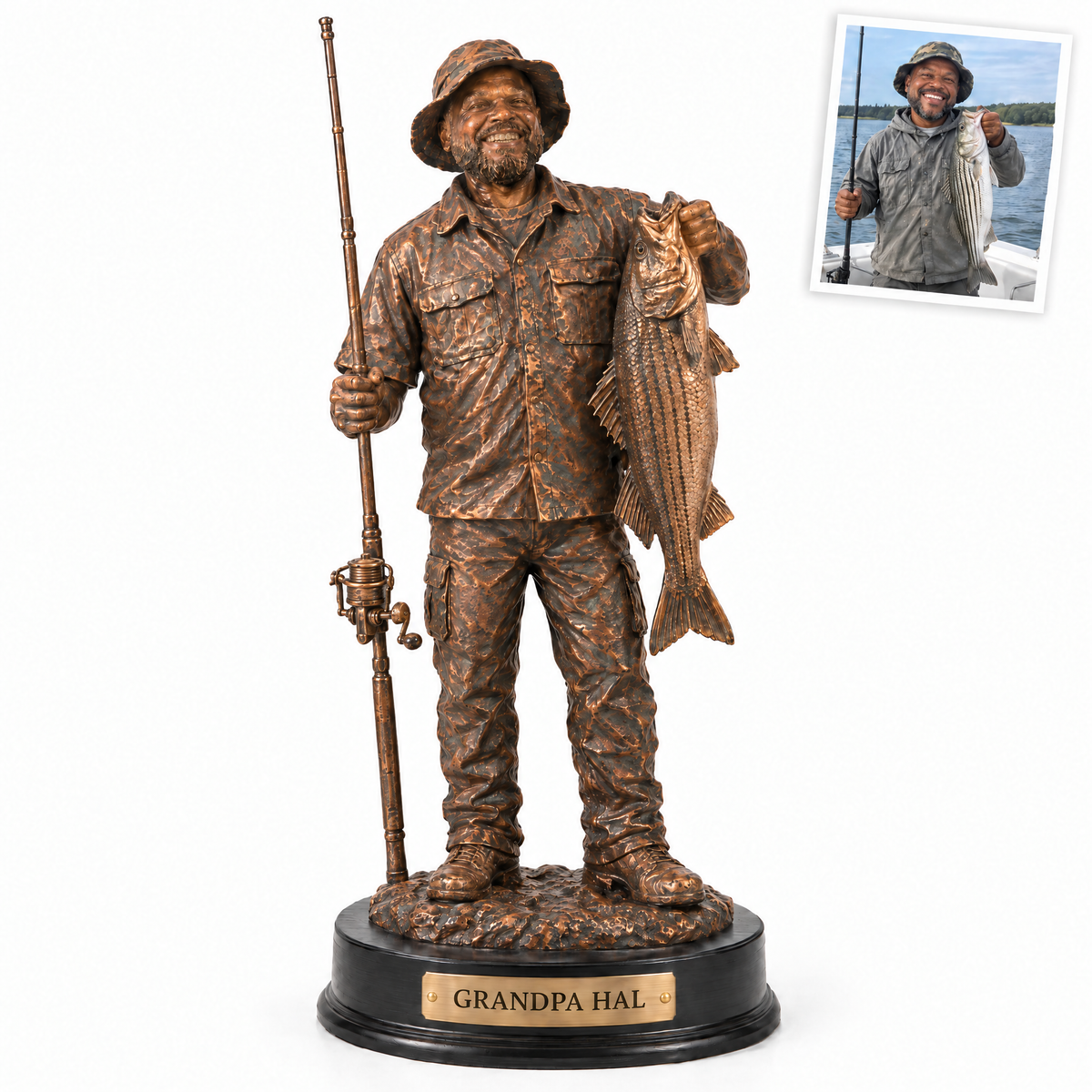Copper statue of grandpa with striped bass, GRANDPA HAL plate