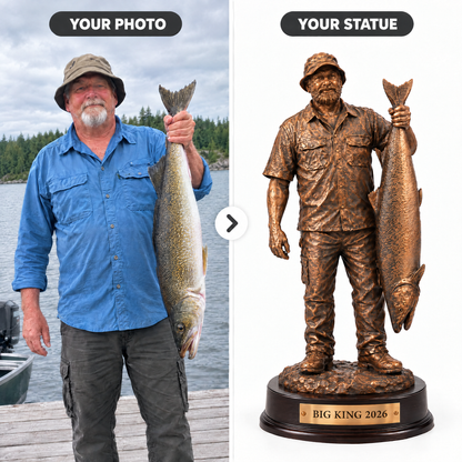 Fishing photo turned into copper-finish angler figure