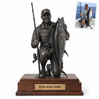 Black metal-style angler statue with yellowfin tuna, TUNA KING MIKE plate