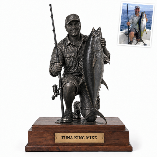 Black metal-style angler statue with yellowfin tuna, TUNA KING MIKE plate