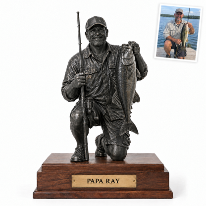 Black metal statue of grandpa with bass, PAPA RAY plate