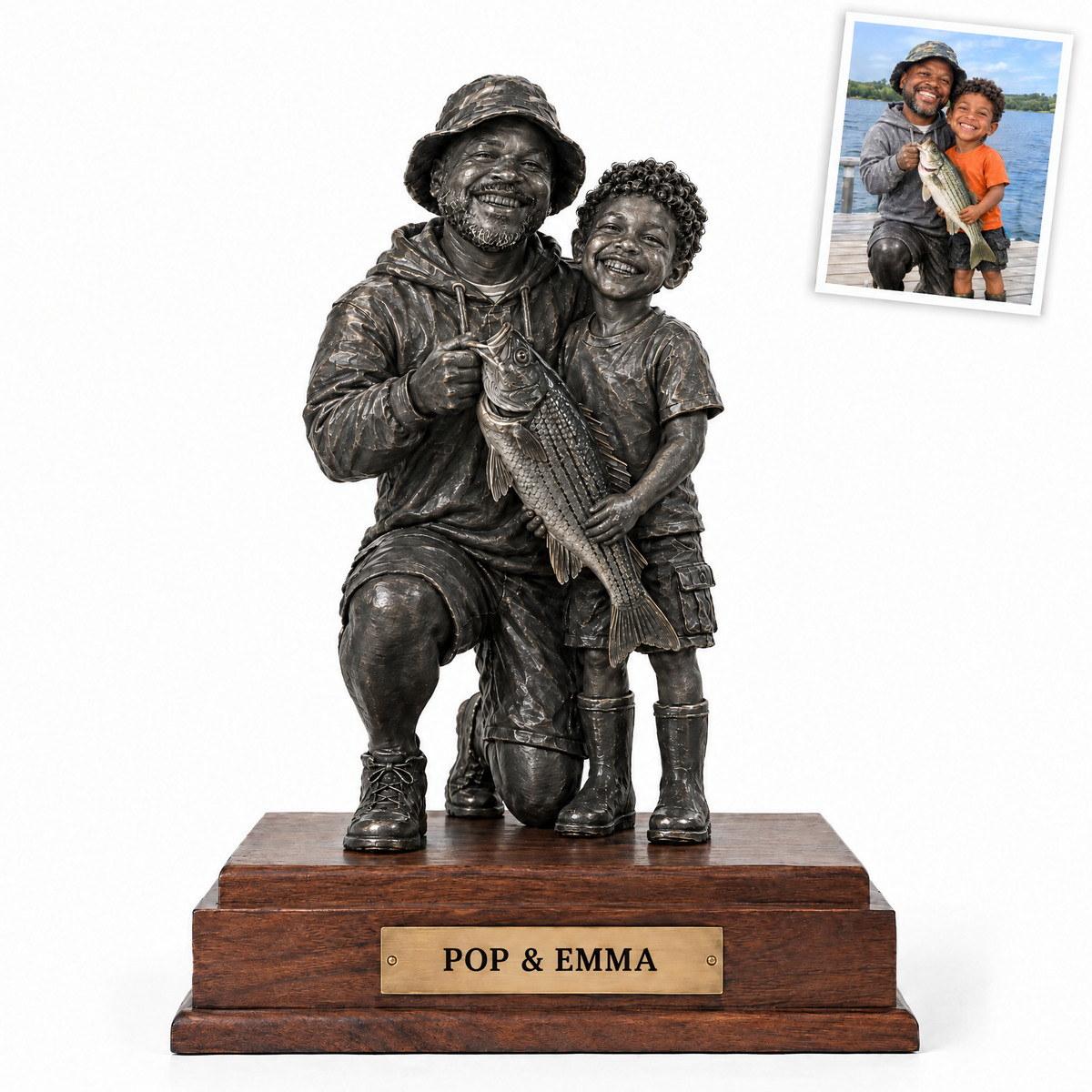 Black metal statue of grandpa and granddaughter, POP & EMMA plate