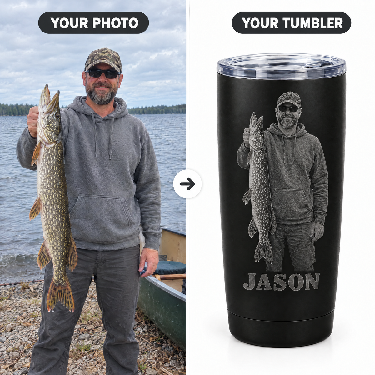 Pike fishing photo engraved onto black tumbler named JASON