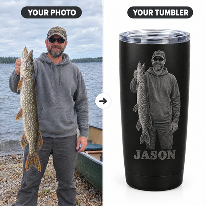 Pike fishing photo engraved onto black tumbler named JASON