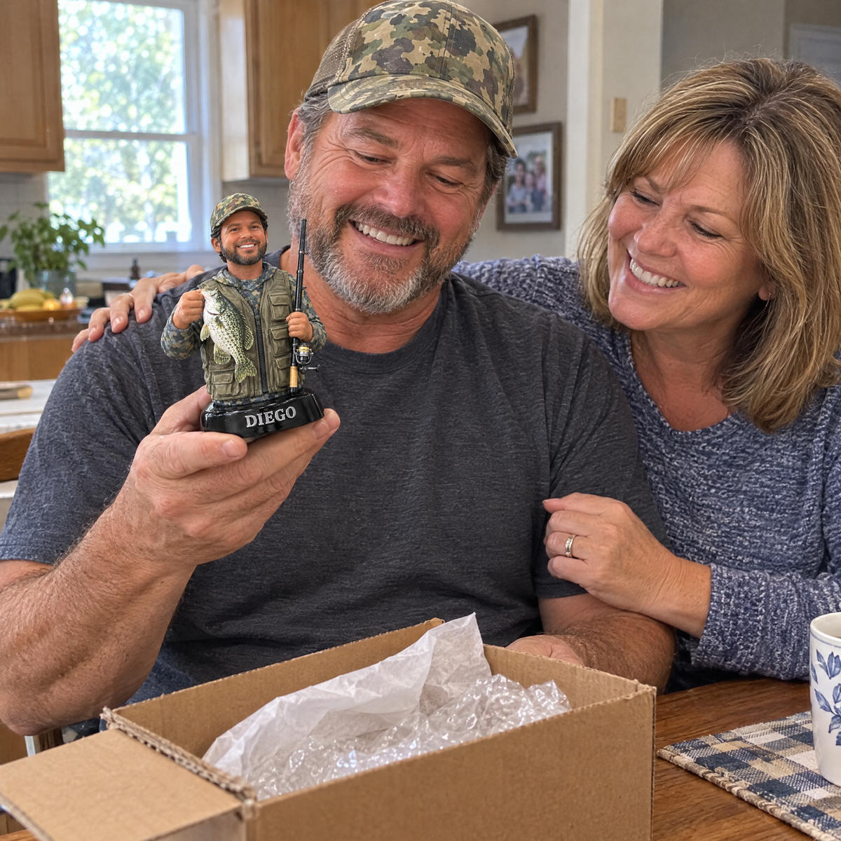 Retiree opens his custom fishing car charm with his wife