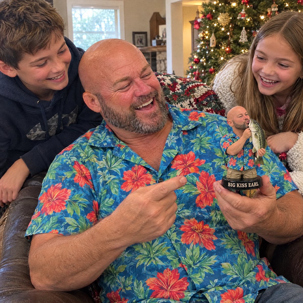 Grandpa laughs at his funny fishing keychain at Christmas