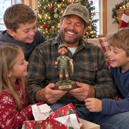 Grandkids give grandpa custom fishing figurine at Christmas