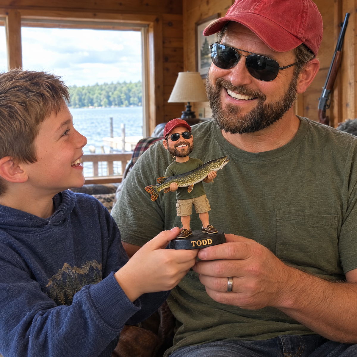 Son gives dad cartoon fishing figurine at the lake cabin