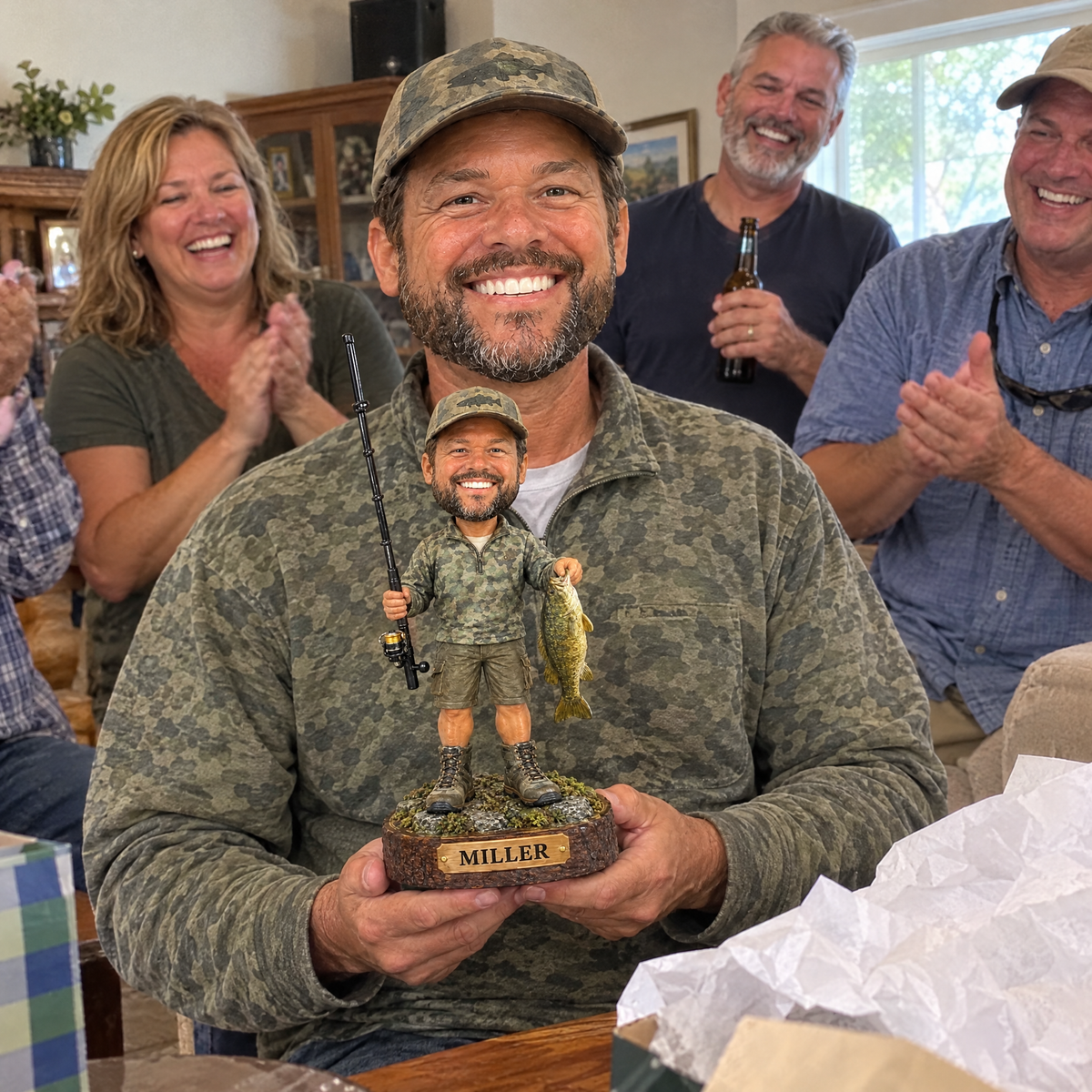Man receives custom fishing figurine at his retirement party