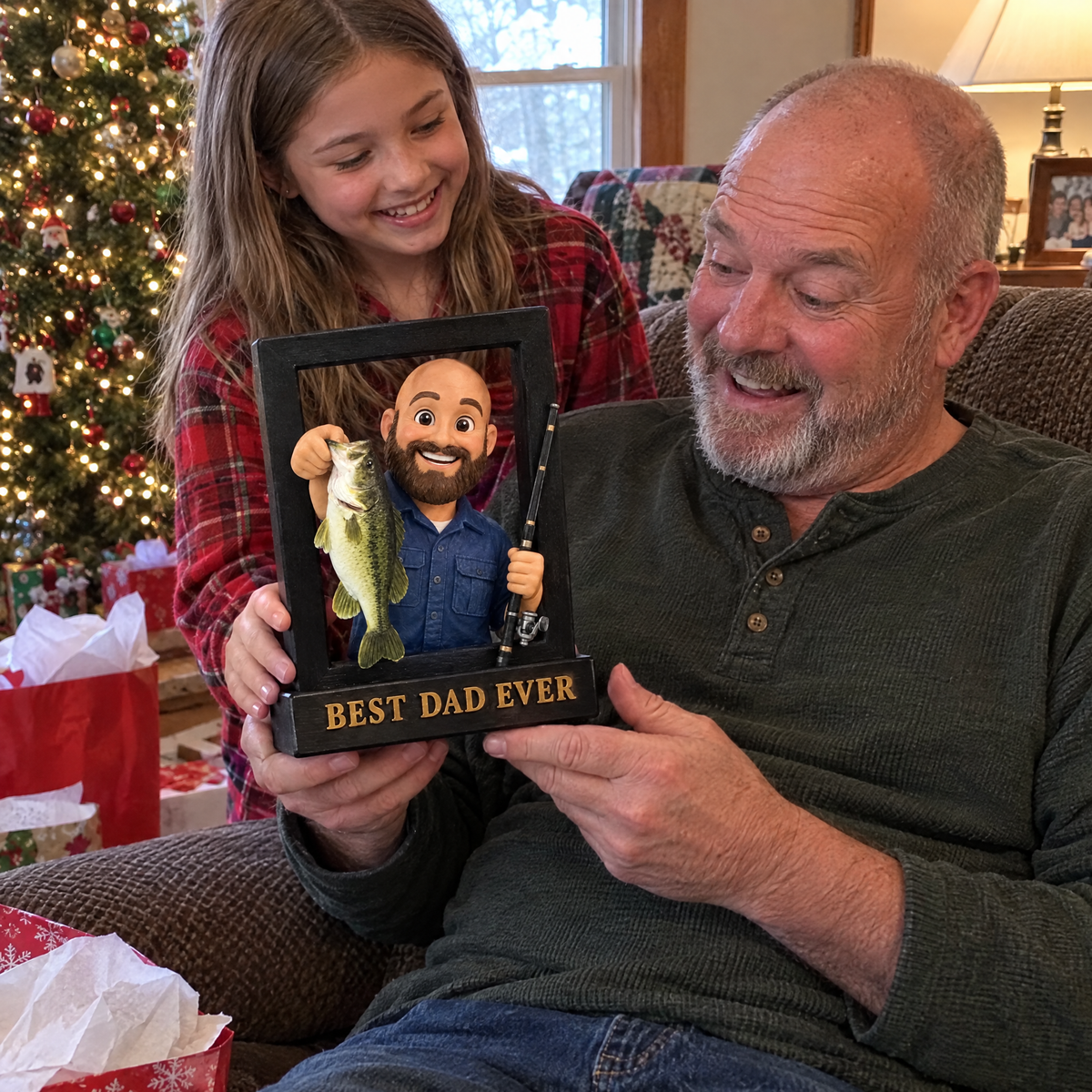 Granddaughter gives grandpa cartoon fishing sign at Christmas