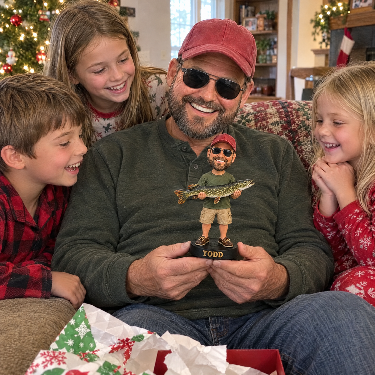 Grandkids give grandpa cartoon fishing figurine at Christmas