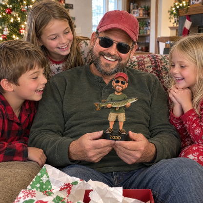 Grandkids give grandpa cartoon fishing figurine at Christmas