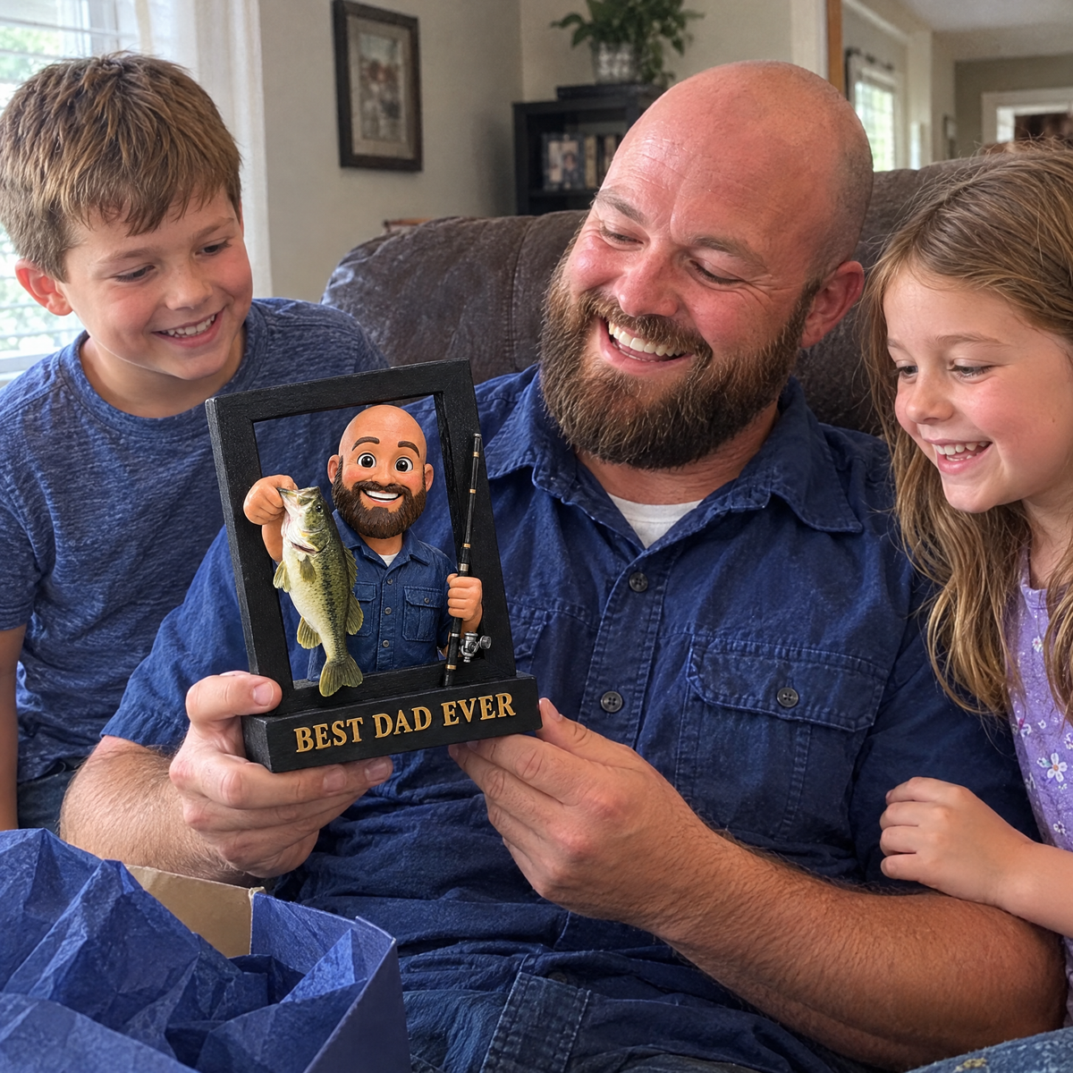 Kids give dad cartoon fishing portrait sign on Father's Day