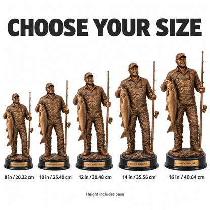 Choose your size: copper angler statue from 8 in to 16 in
