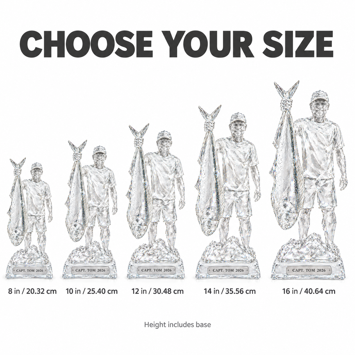 Choose your size: crystal angler statue from 8 in to 16 in