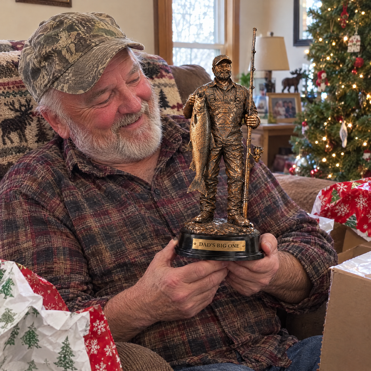 Grandpa admires copper fishing statue on Christmas morning
