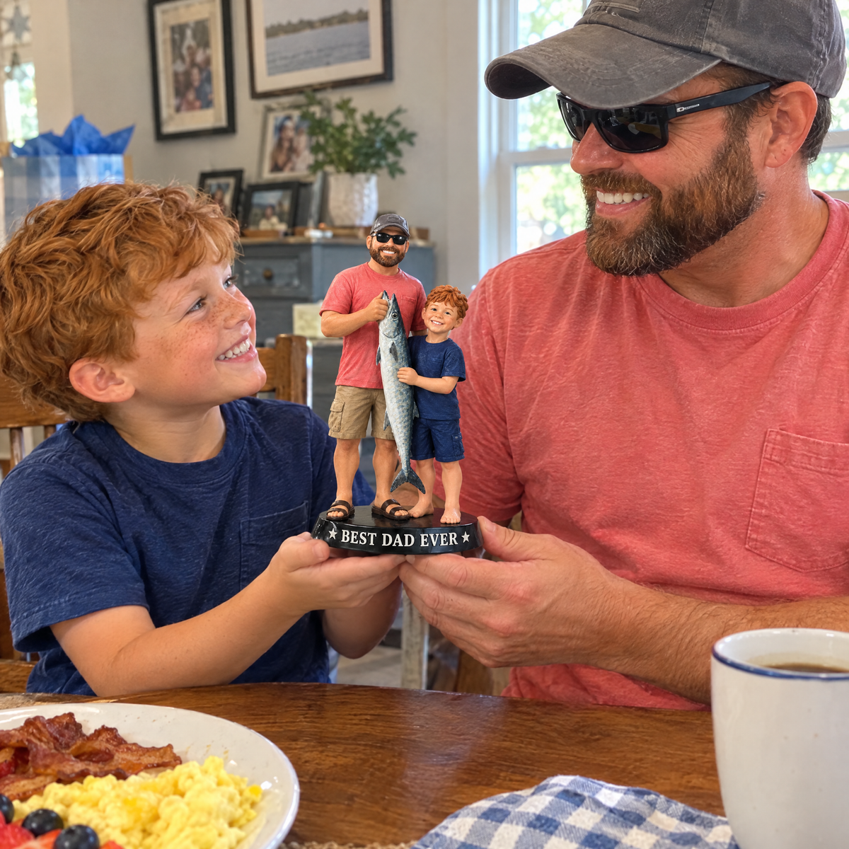 Son gives dad portrait figurine at Father's Day breakfast