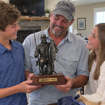 Kids give dad black metal fishing statue at his retirement party