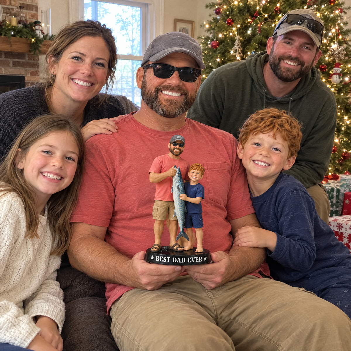 Grandpa hangs his fishing portrait figurine on the Christmas tree