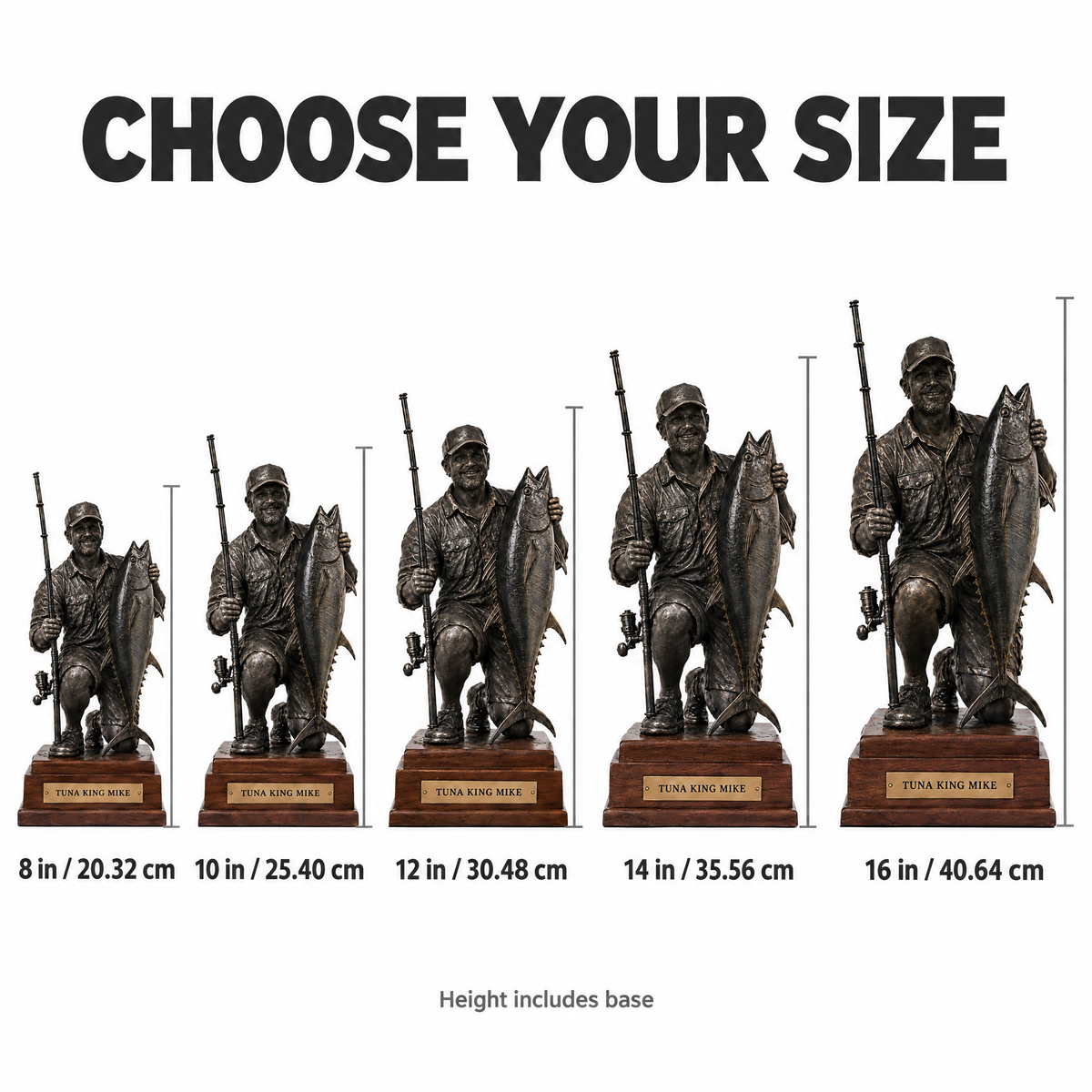 Choose your size: black metal angler statue from 8 in to 16 in