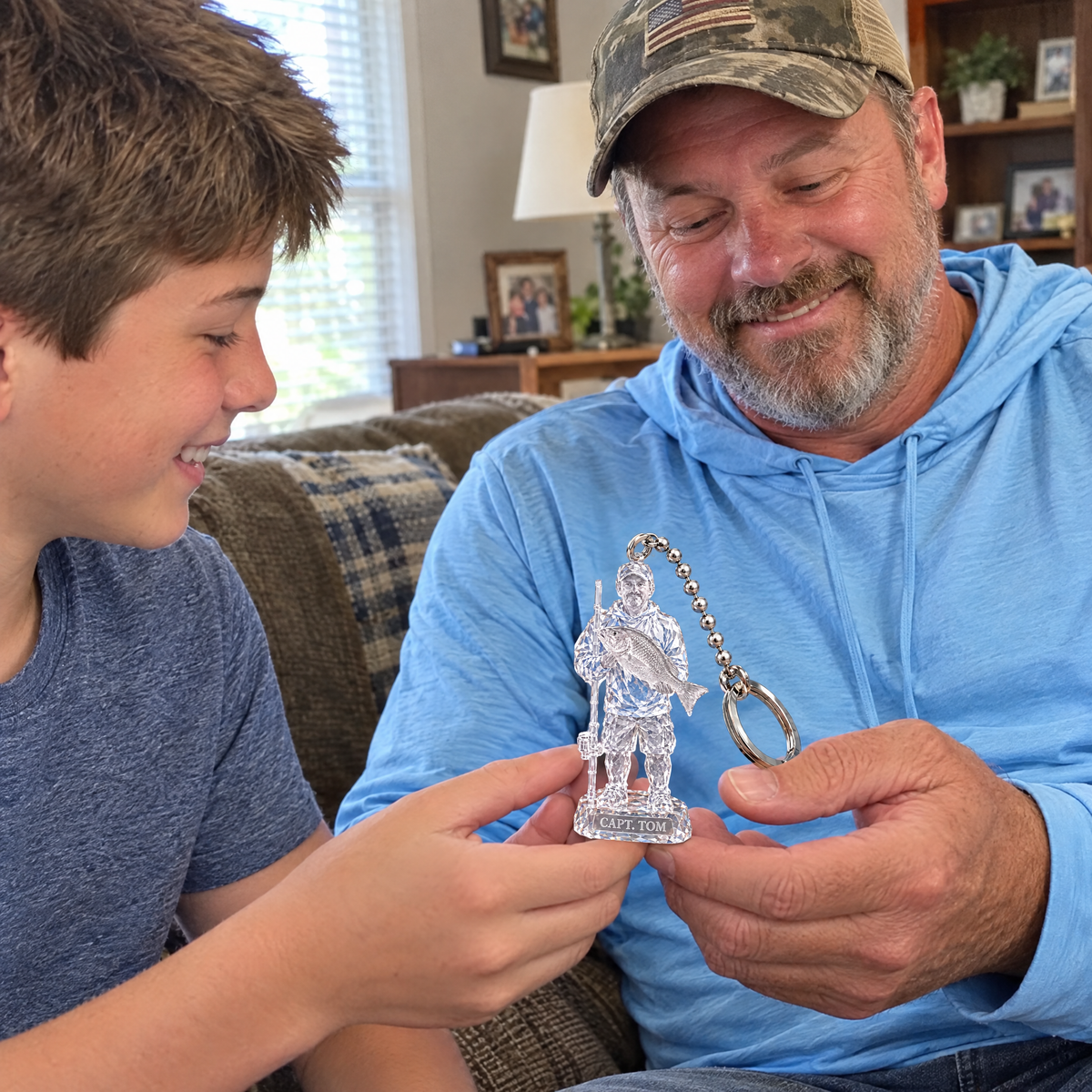 Son gives dad crystal fishing keychain on Father's Day