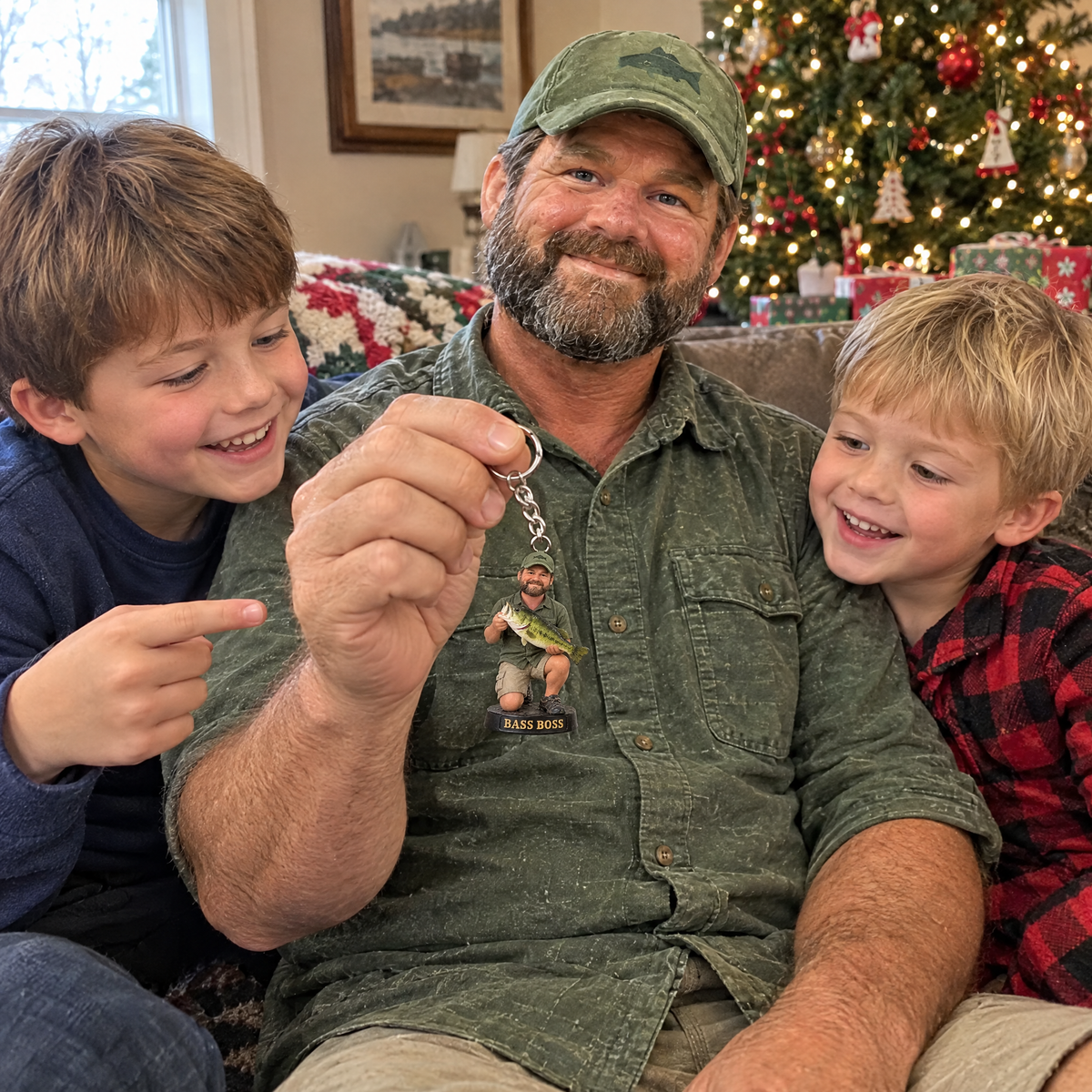 Grandpa holds fishing figurine keychain with grandsons at Christmas