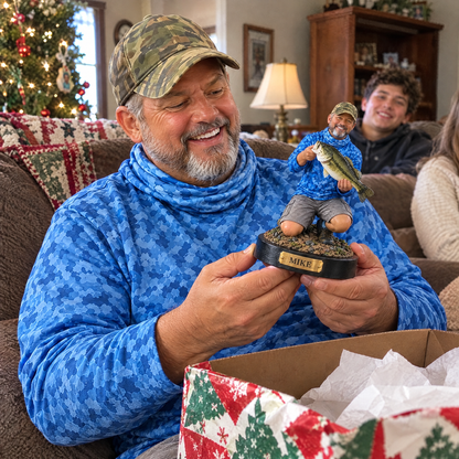 Grandpa opening his custom fishing figurine on Christmas