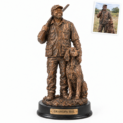Bronze-style grandpa hunter statue with setter, GRANDPA HAL
