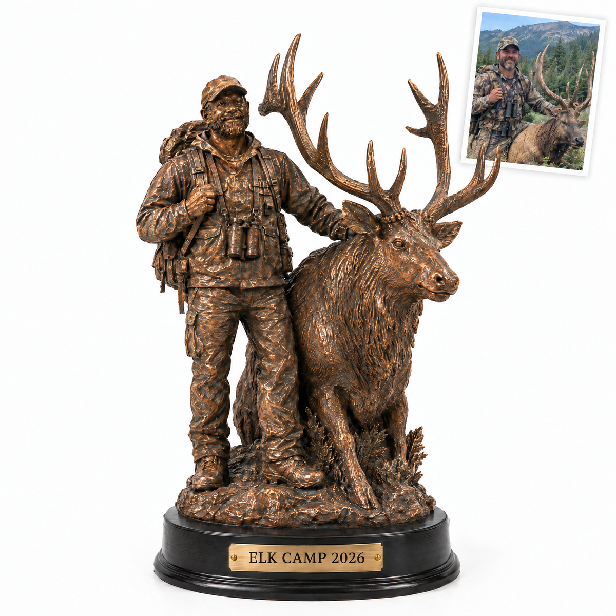Bronze-style elk hunter statue, ELK CAMP 2026