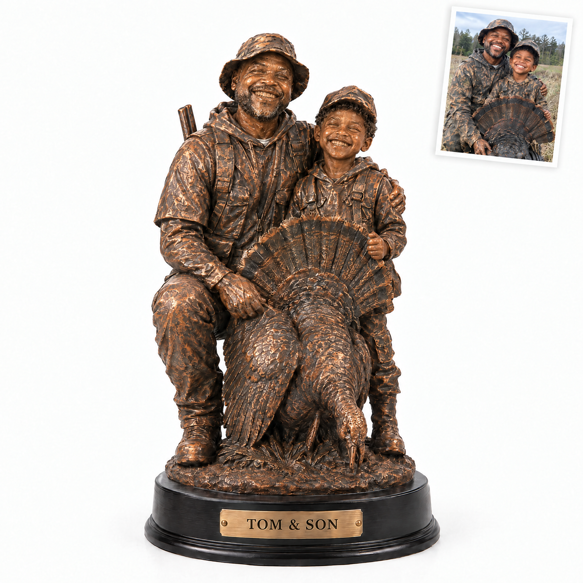 Bronze-style father and son turkey hunter statue, TOM & SON