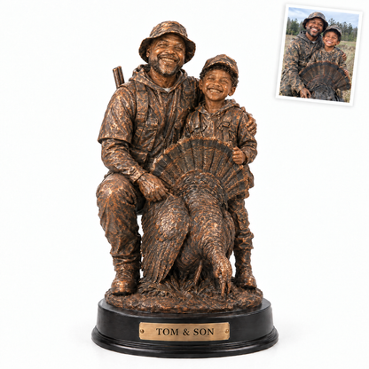 Bronze-style father and son turkey hunter statue, TOM & SON