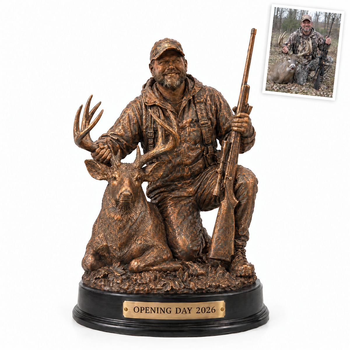 Bronze-style hunter statue with whitetail buck, OPENING DAY 2026, customer photo top right