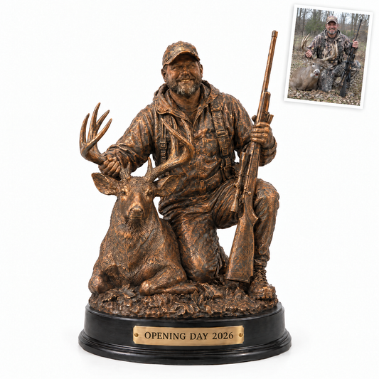Bronze-style hunter statue with whitetail buck, OPENING DAY 2026, customer photo top right