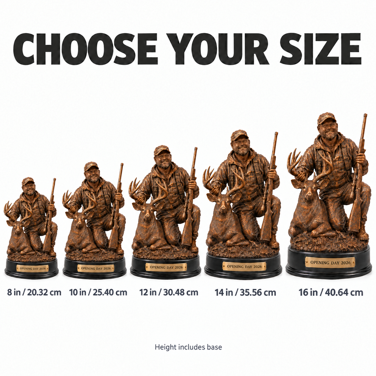 Bronze-style hunter statue size chart 8 to 16 inches