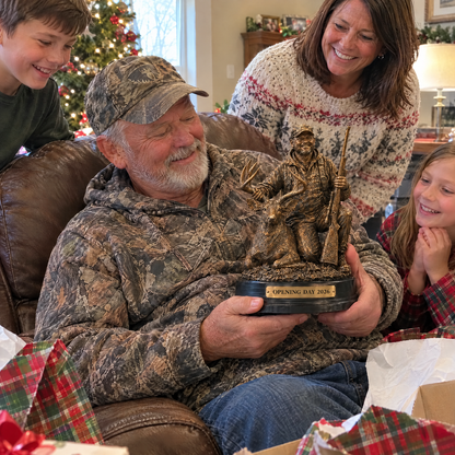 Grandpa admires bronze-style hunter statue on Christmas morning