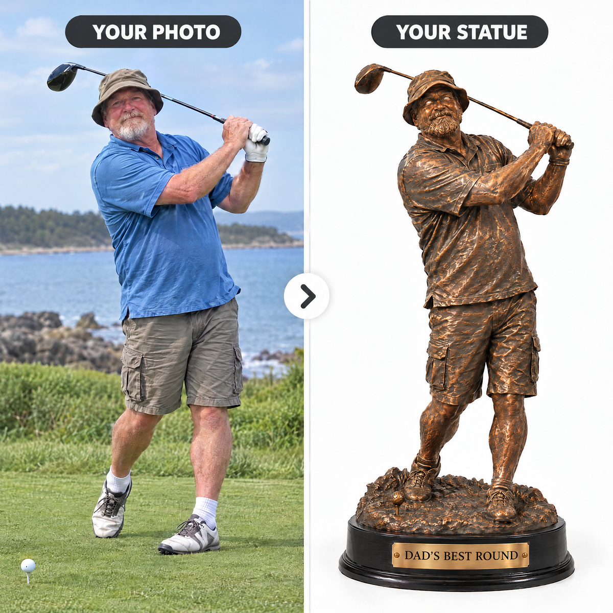 Customer photo turned into bronze-style golf trophy DAD'S BEST ROUND