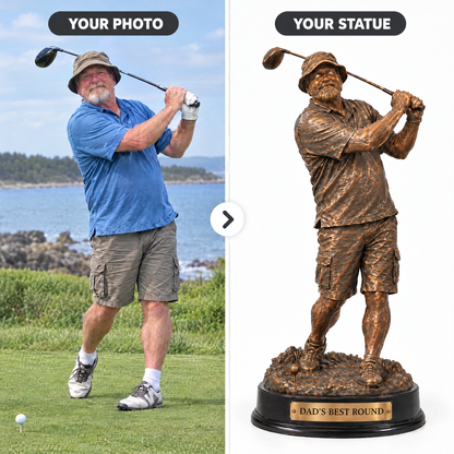 Customer photo turned into bronze-style golf trophy DAD'S BEST ROUND