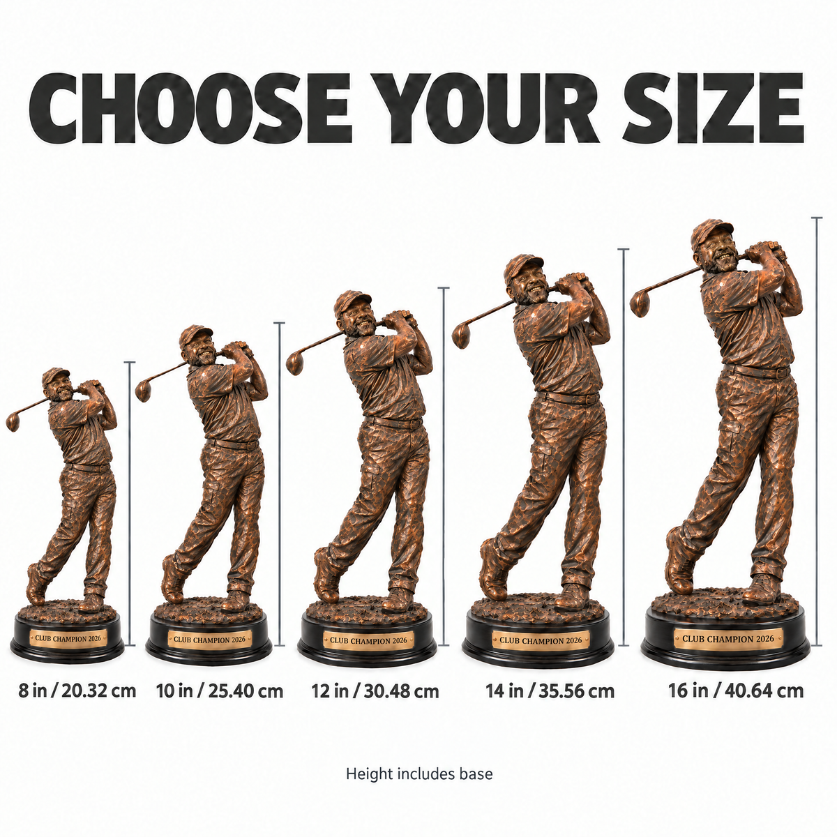 Bronze-style golf trophy size chart