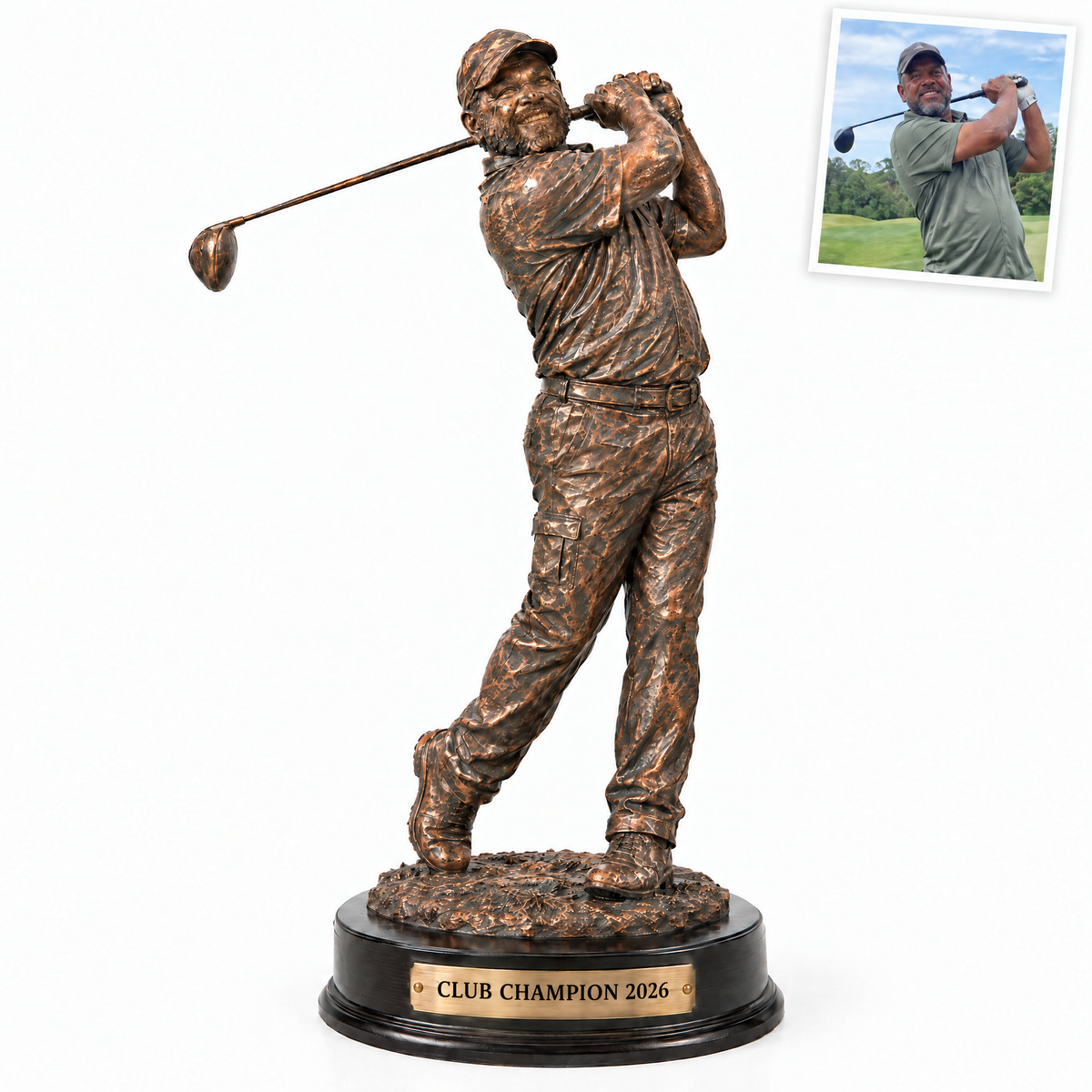 Bronze-style golf trophy, CLUB CHAMPION 2026, customer photo top right