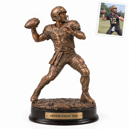 Bronze-style football trophy, SENIOR NIGHT 2026, customer photo top right