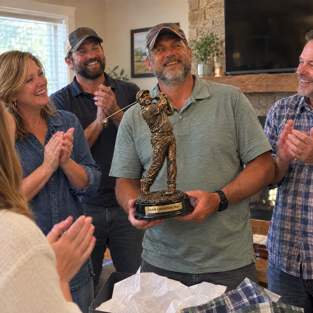 Coworkers present the bronze-style golf trophy at his retirement party