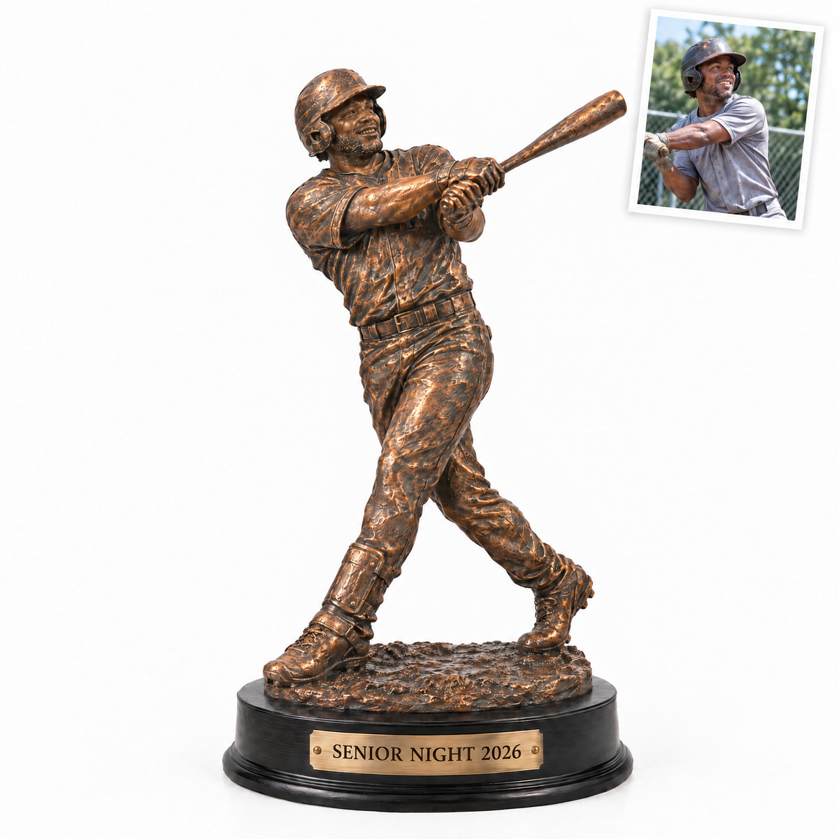 Bronze-style baseball trophy, SENIOR NIGHT 2026, customer photo top right