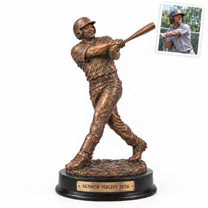 Bronze-style baseball trophy, SENIOR NIGHT 2026, customer photo top right