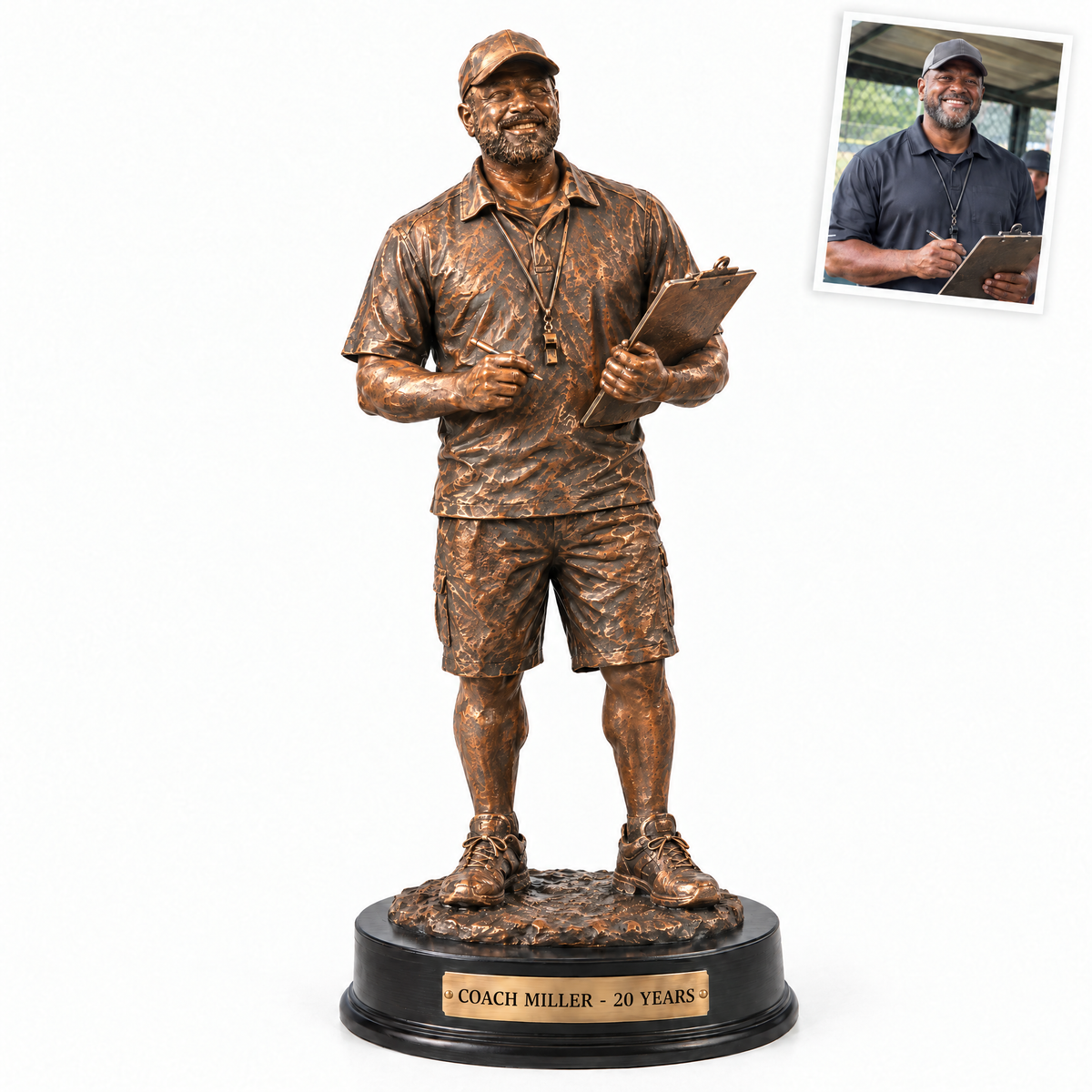 Bronze-style baseball trophy, COACH MILLER - 20 YEARS