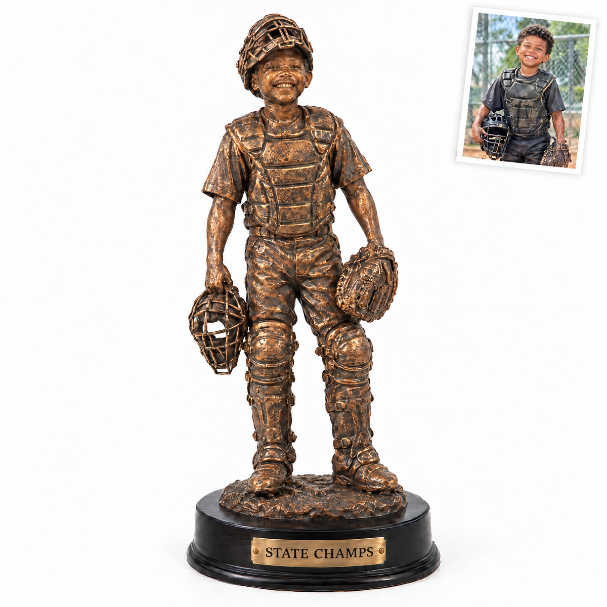 Bronze-style baseball trophy, STATE CHAMPS