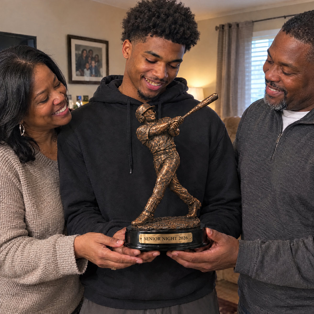 His parents give him the bronze-style baseball trophy at senior night